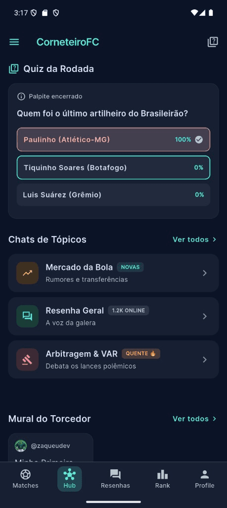 Print do hub do Corneteiro FC